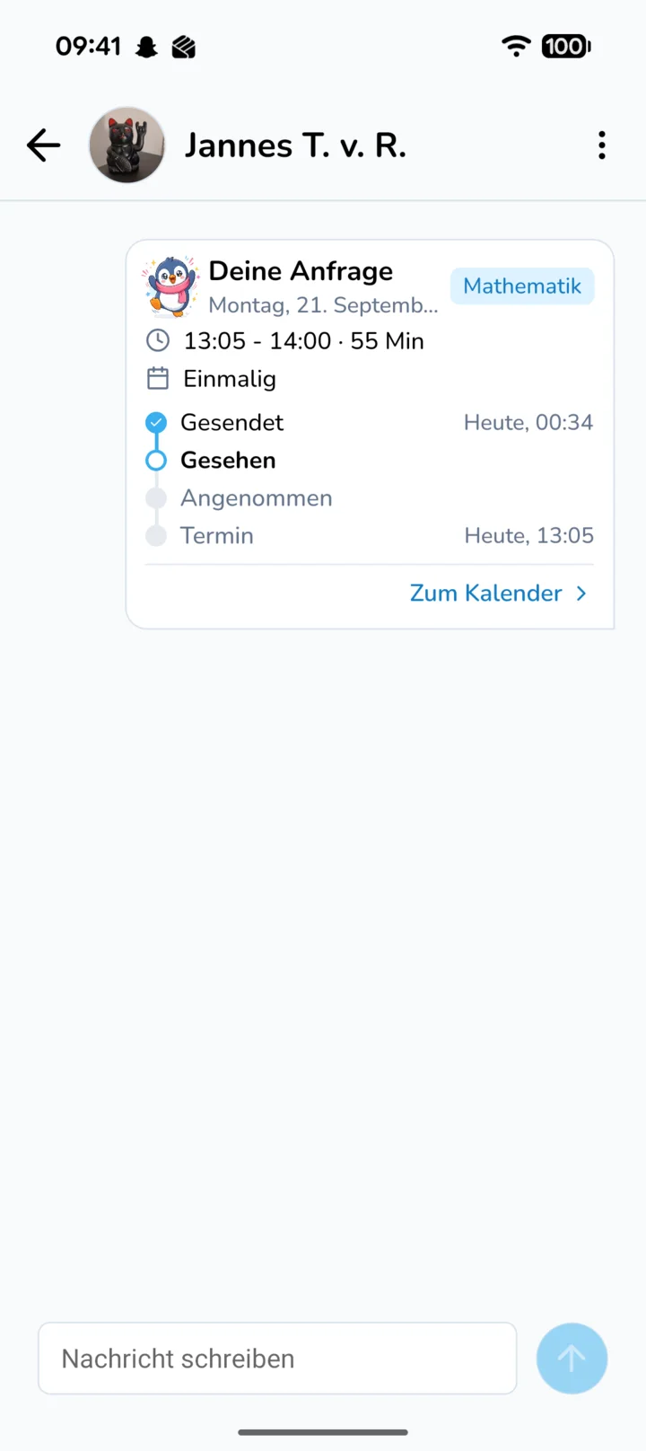 Chat mit einer gesendeten Anfrage, ihrem Status und dem Termin