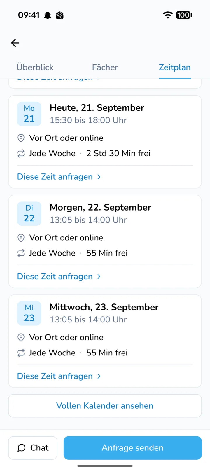 Profil einer Tutorin mit freien Zeiten und der Schaltfläche „Diese Zeit anfragen“